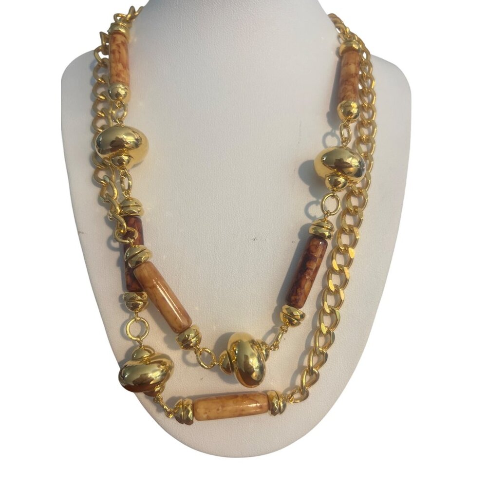 Vintage Gold Chain Acrylic Statement Necklace Brown Swirl Can Double Estate 37"